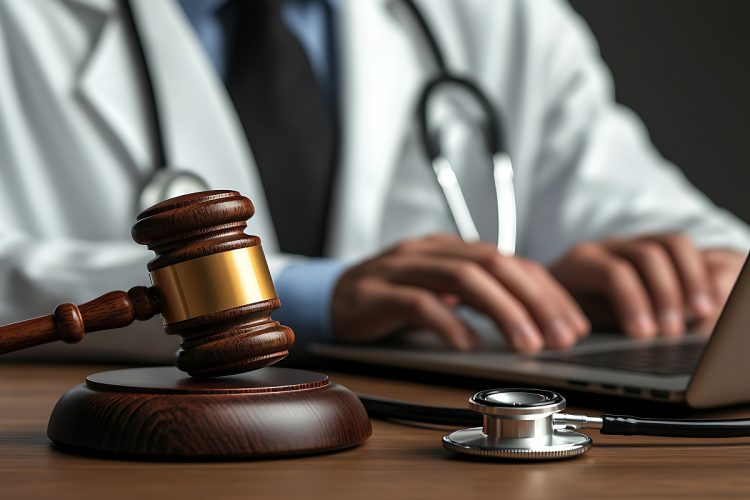 Doctor with Law, Medical Malpractice, and Laptop.